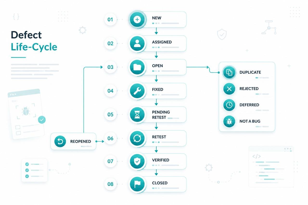 Diagram of the defect lifecycle states: New, Open/In Progress, Fixed/Ready for Retest, Closed, with Rejected and Deferred as alternate paths.